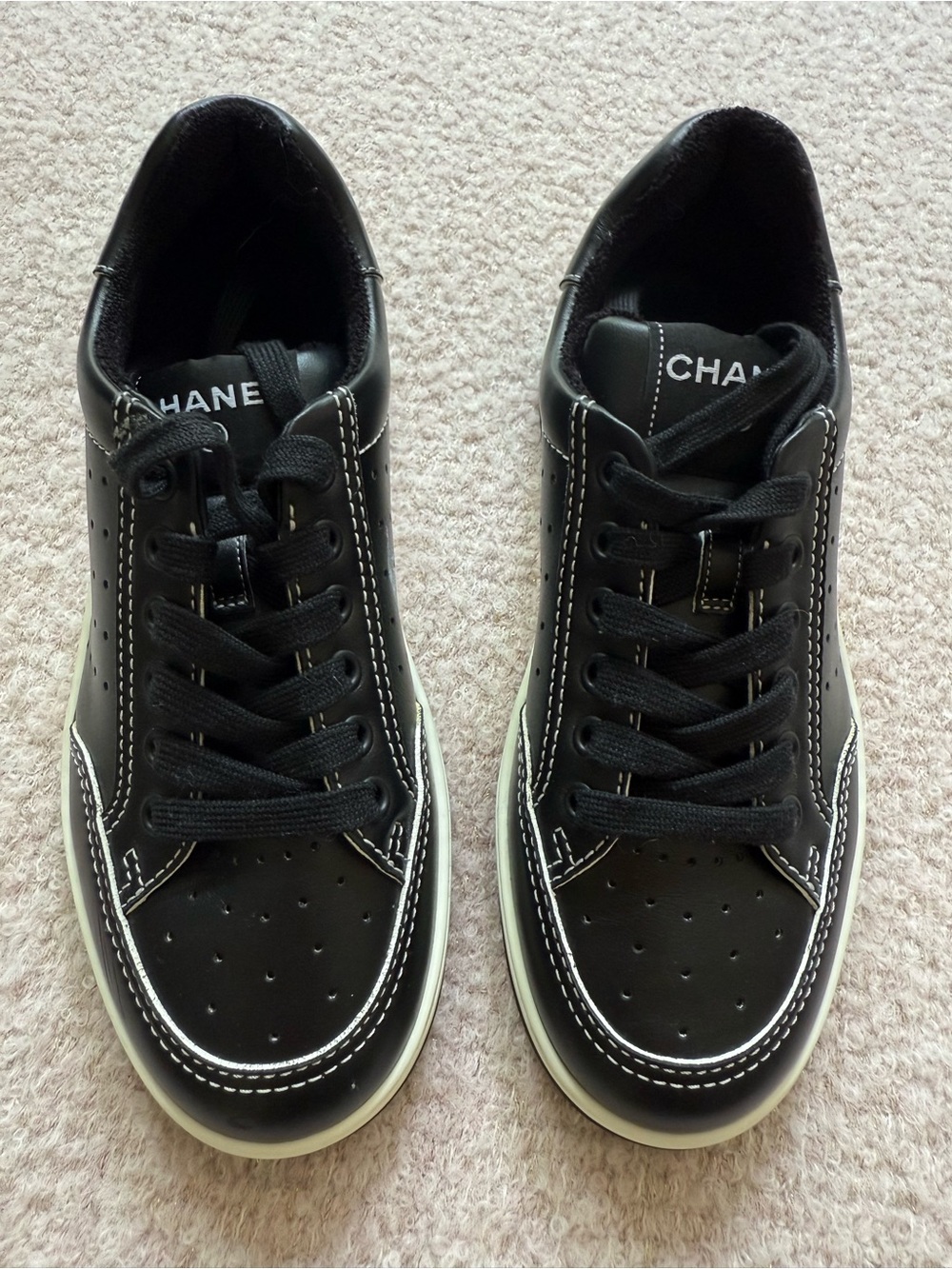 CHANEL Black Leather Low-Top Sneakers with White Stitching size 6 never worn